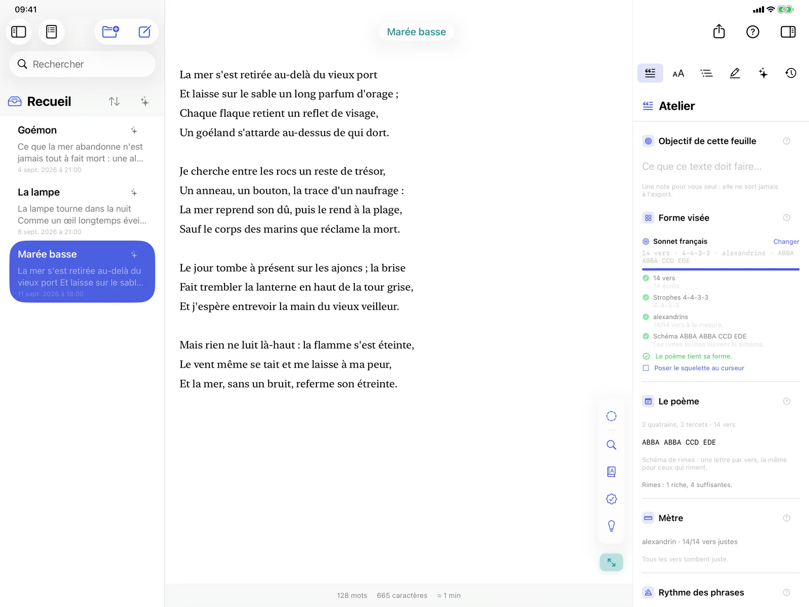 Un sonnet dans l’éditeur de Bokmo sur iPad, avec l’Atelier qui vérifie la forme.