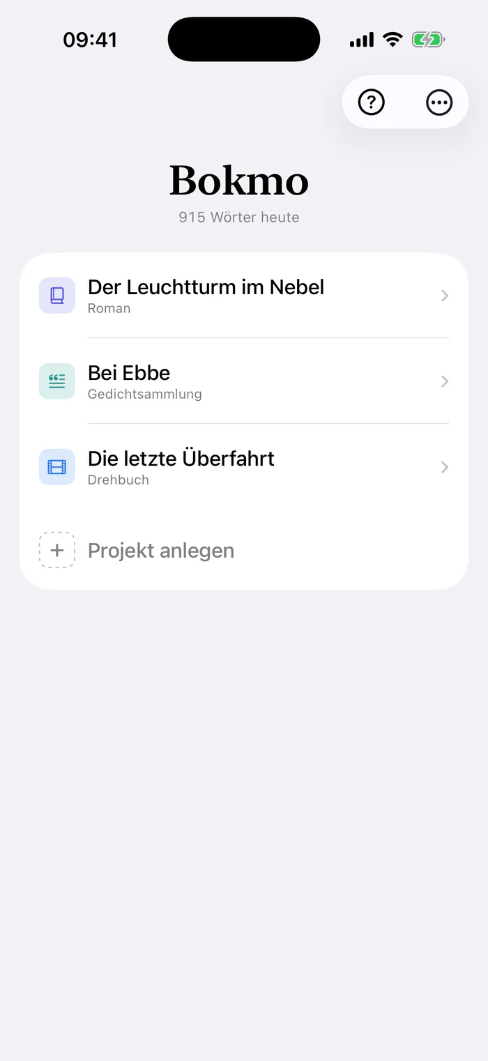 Bokmo auf dem iPhone: die Projektliste mit einem Roman, einer Gedichtsammlung und einem Drehbuch.