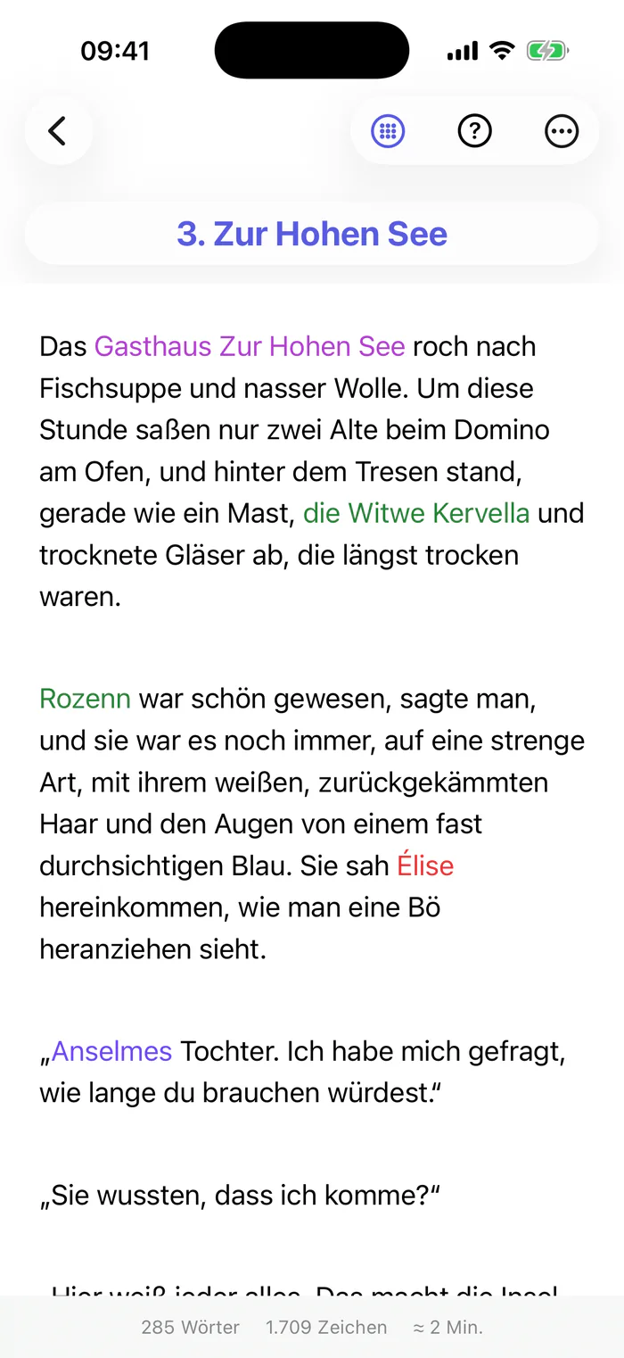 Bokmo auf dem iPhone: Kapitel 3, „Zur Hohen See“, im Editor geöffnet.