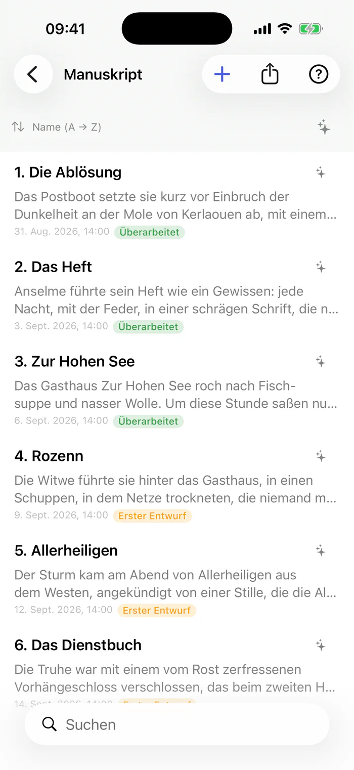 Bokmo auf dem iPhone: die Kapitel des Manuskripts, jedes mit dem Anfang seines Textes, seinem Datum und seiner Beschriftung.