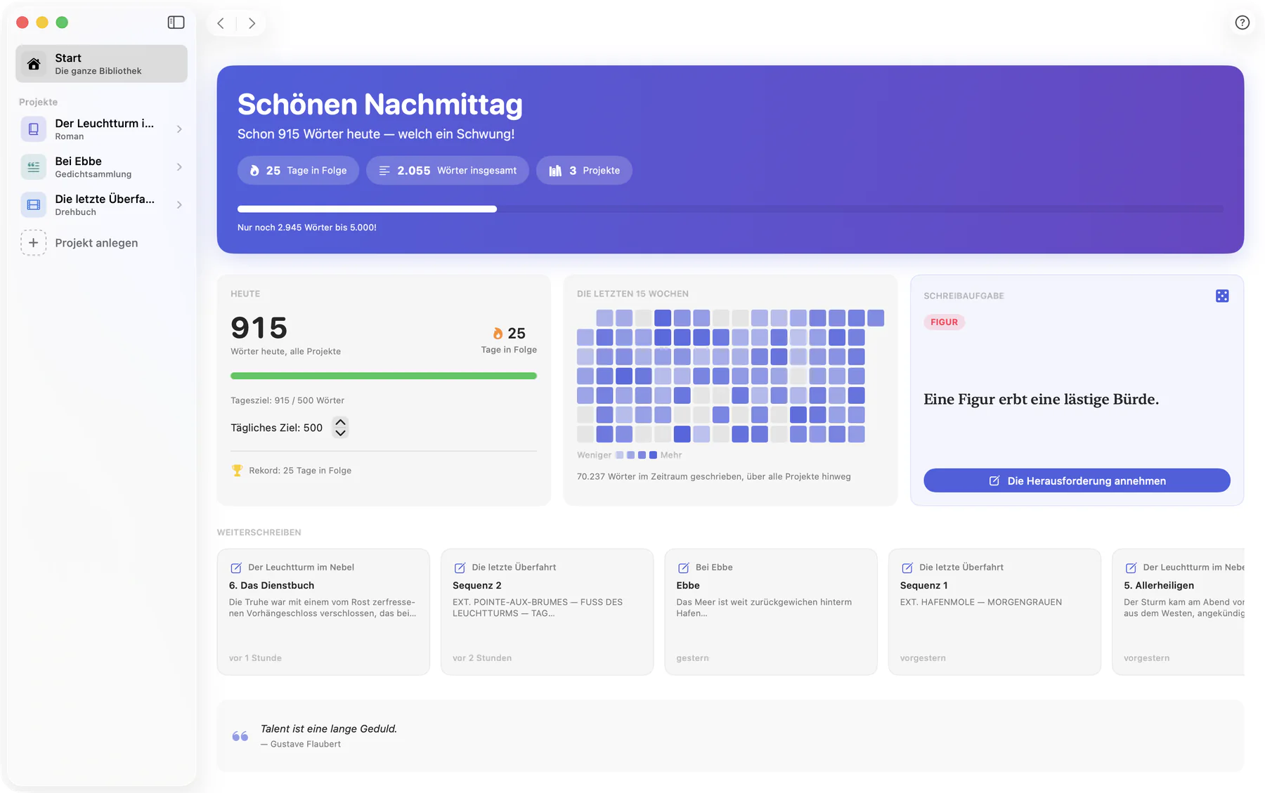 Bokmo auf dem Mac: der Startbildschirm der Bibliothek mit den heute geschriebenen Wörtern, der Schreibserie, dem Tagesziel, dem Aktivitätskalender über fünfzehn Wochen und den letzten Blättern zum Weiterschreiben.