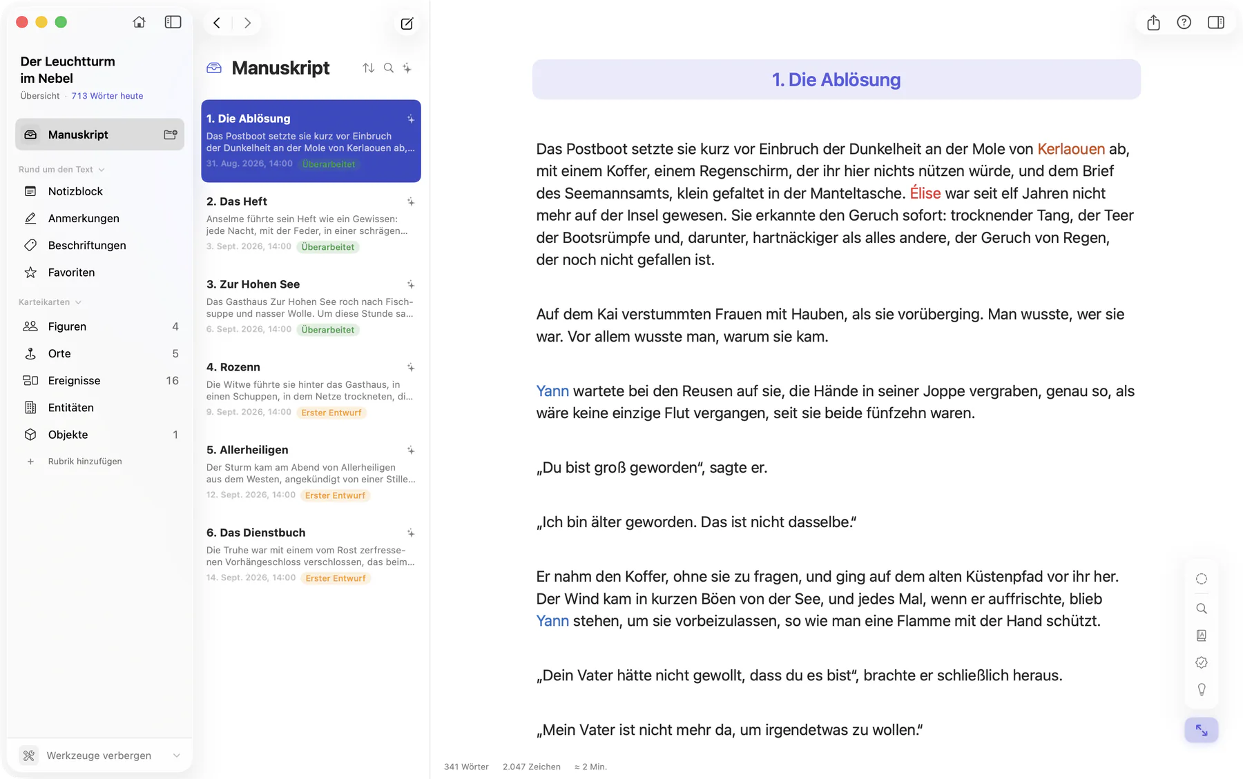 Bokmo auf dem Mac: der Roman „Der Leuchtturm im Nebel“ mit seinen Bereichen, der Kapitelliste und dem geöffneten Kapitel 1, in dem die Namen von Figuren und Orten farbig markiert sind.