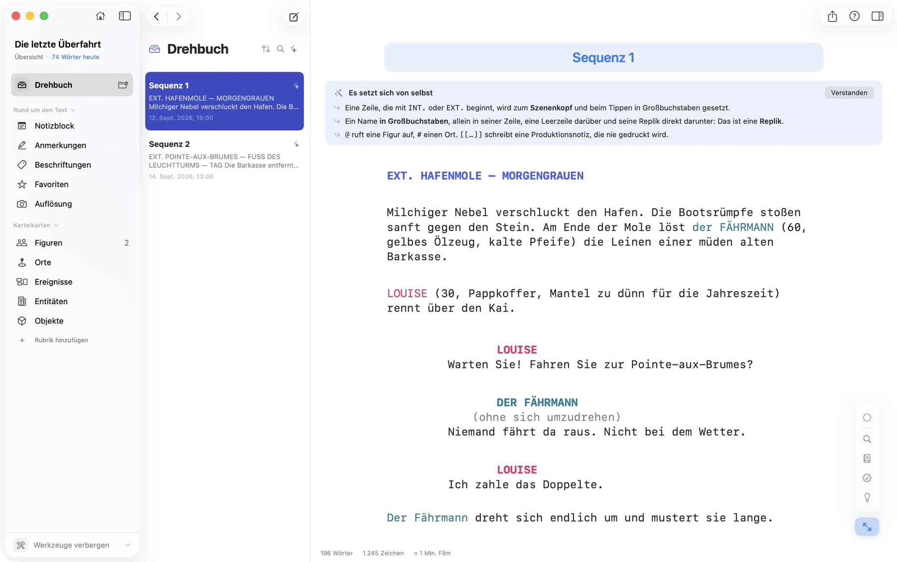 Bokmo auf dem Mac: eine Drehbuchsequenz im Standardlayout, mit Szenenüberschriften, Figuren und Dialogen, unter der Hilfe, die erklärt, wie sich der Text von selbst formatiert.