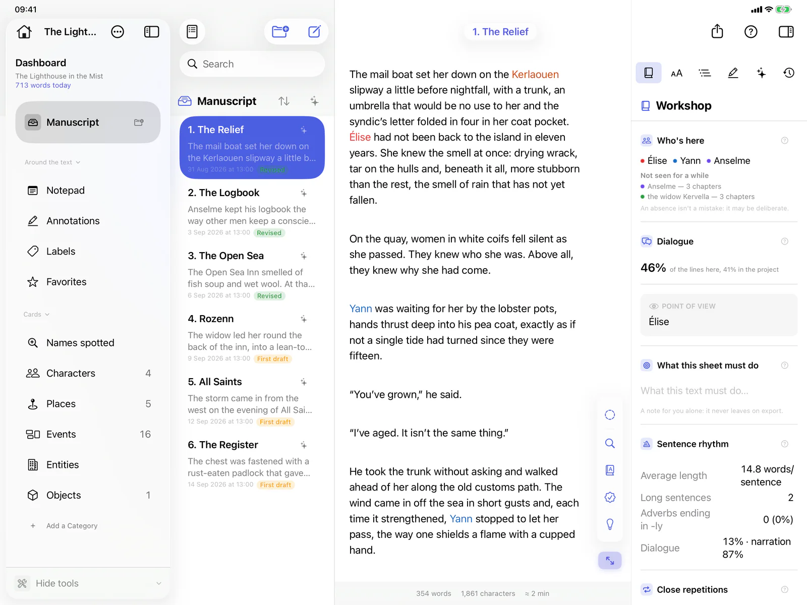 Bokmo on iPad: a chapter of the novel open beside the Workshop, which shows the characters present in the sheet, the share of dialogue and the rhythm of the sentences.