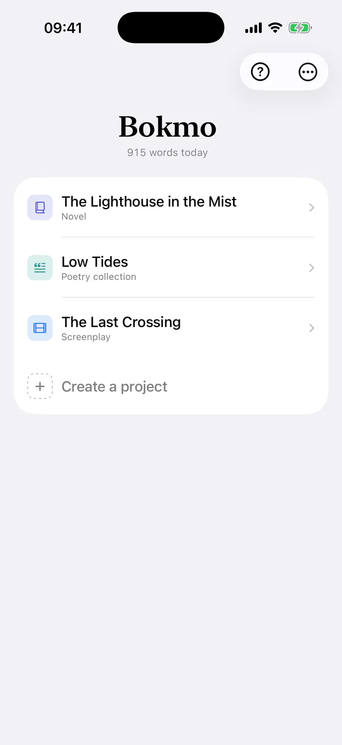 Bokmo on iPhone: the list of projects, a novel, a poetry collection and a screenplay.