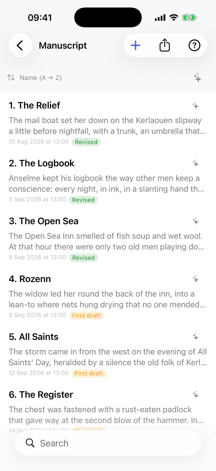 Bokmo on iPhone: the chapters of the manuscript, each with the start of its text, its date and its label.