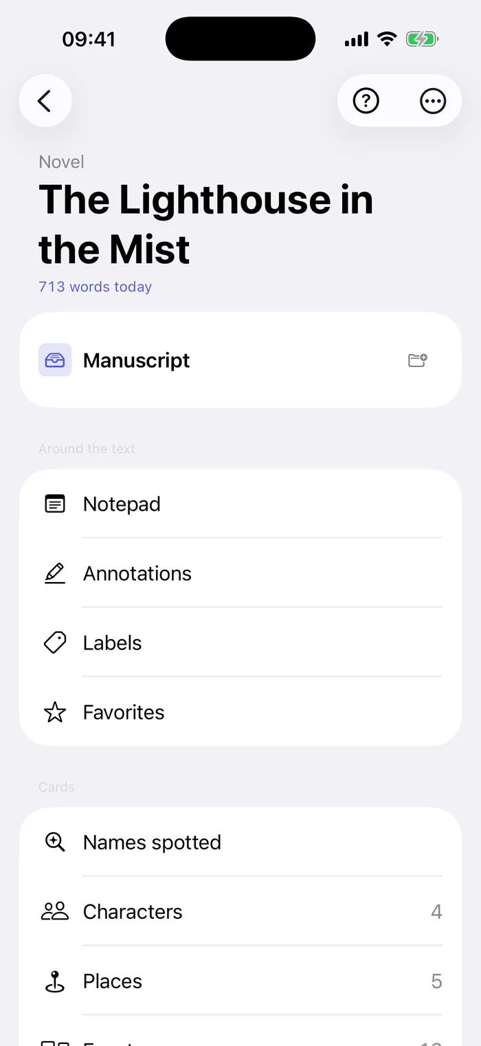 Bokmo on iPhone: the novel The Lighthouse in the Mist and its sections: manuscript, notepad, annotations, labels, favourites, names spotted, characters and places.