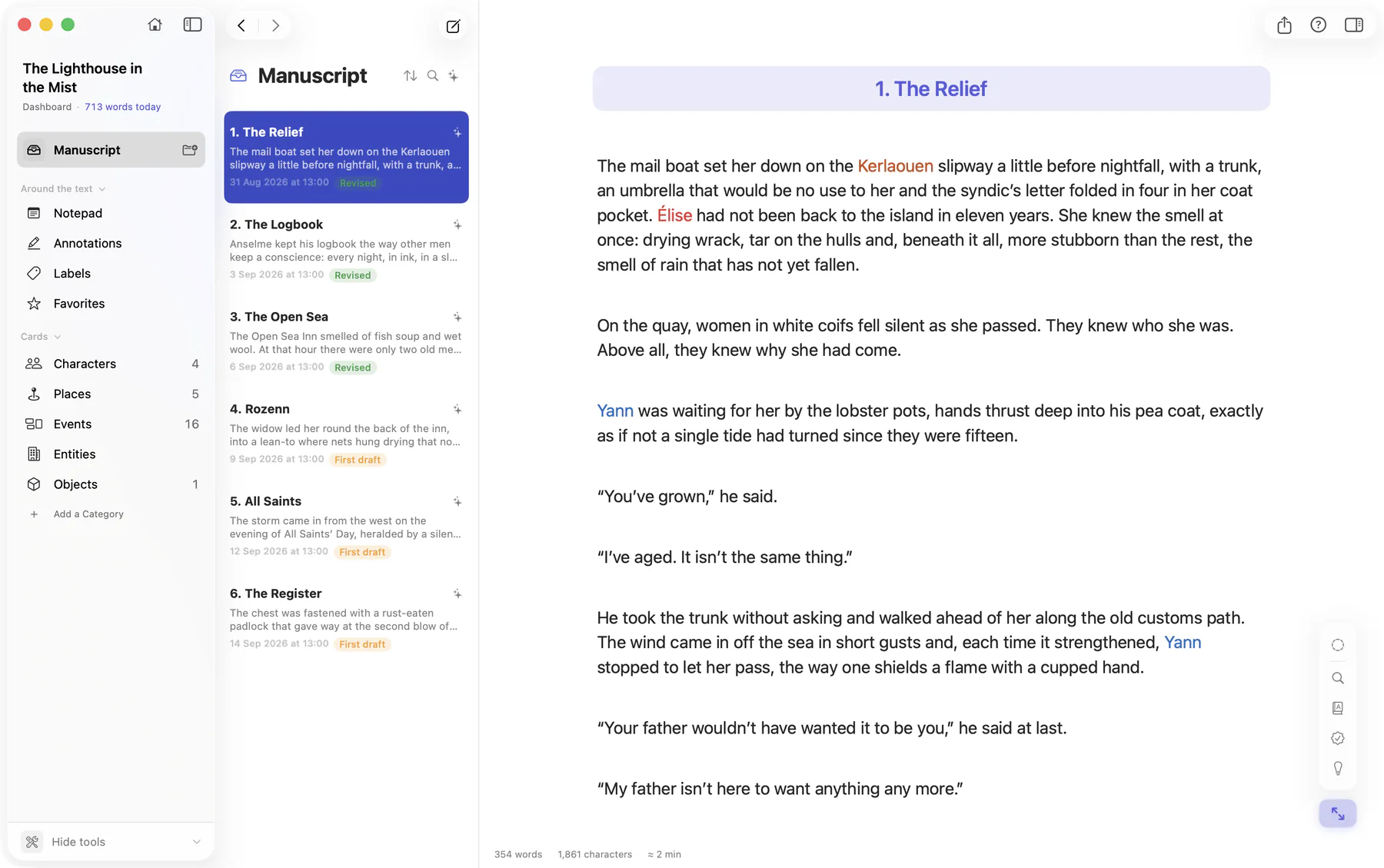 Bokmo on Mac: the novel The Lighthouse in the Mist, with its sections, the list of chapters and chapter 1 open, where the names of characters and places are coloured.