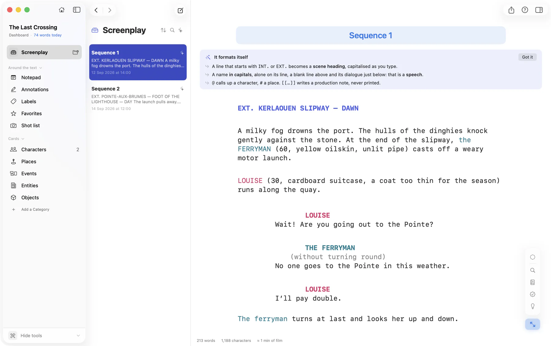 Bokmo on Mac: a screenplay sequence in standard layout, with scene headings, characters and dialogue, below the help that explains how it formats itself.