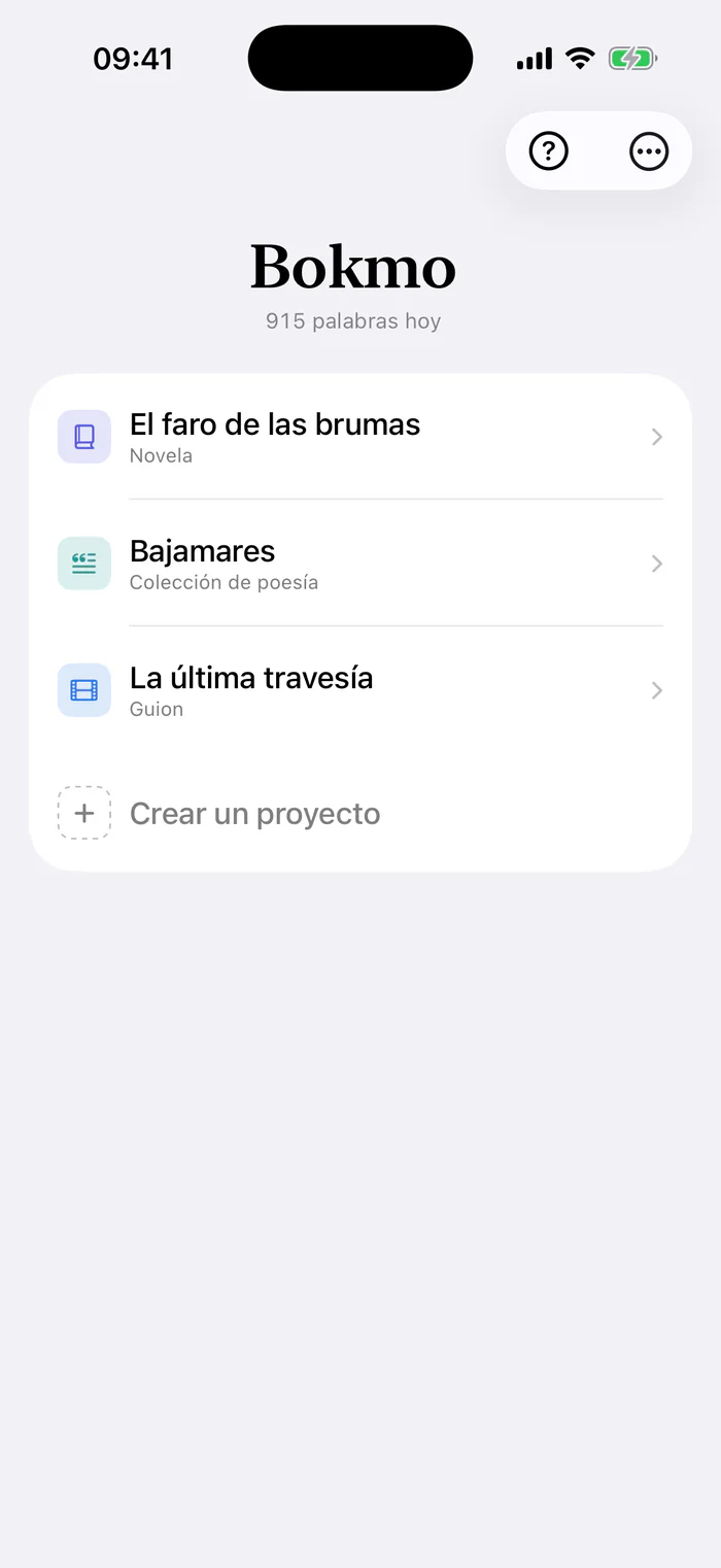 Bokmo en iPhone: la lista de proyectos, una novela, una colección de poesía y un guion.
