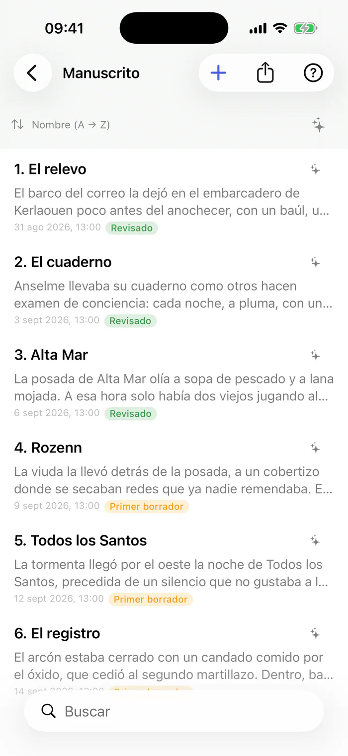 Bokmo en iPhone: los capítulos del manuscrito, cada uno con el comienzo de su texto, su fecha y su rótulo.