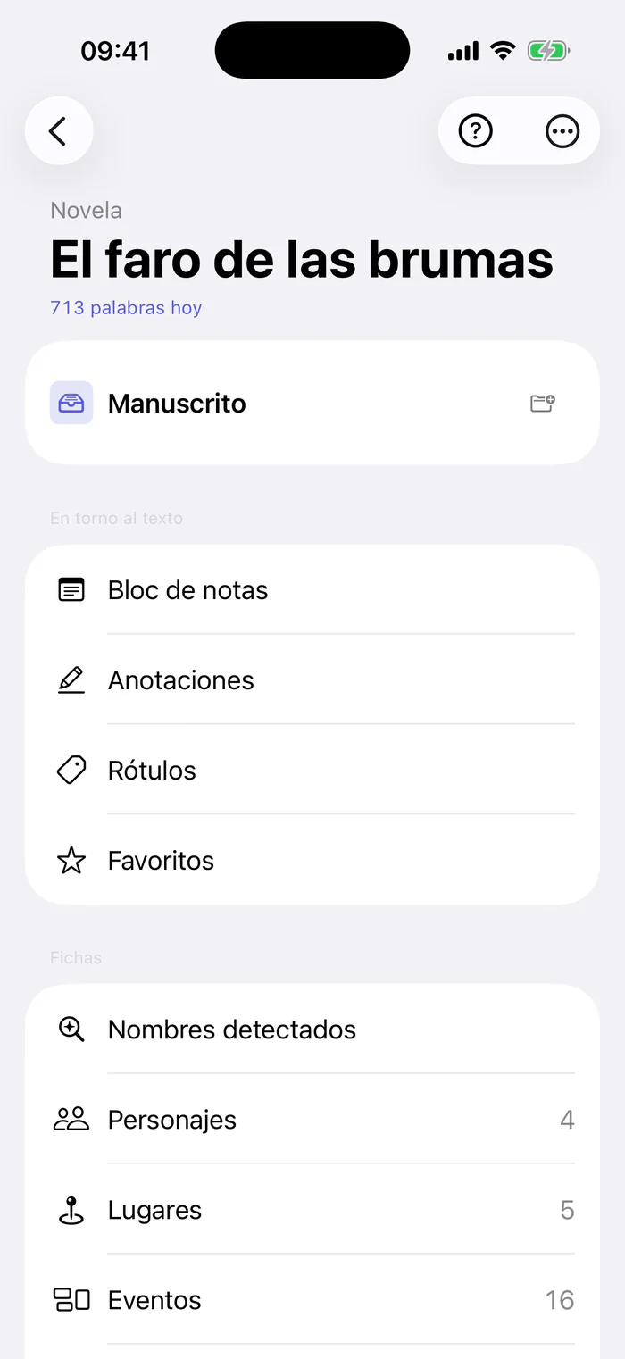 Bokmo en iPhone: la novela El faro de las brumas y sus secciones: manuscrito, bloc de notas, anotaciones, rótulos, favoritos, nombres detectados, personajes y lugares.
