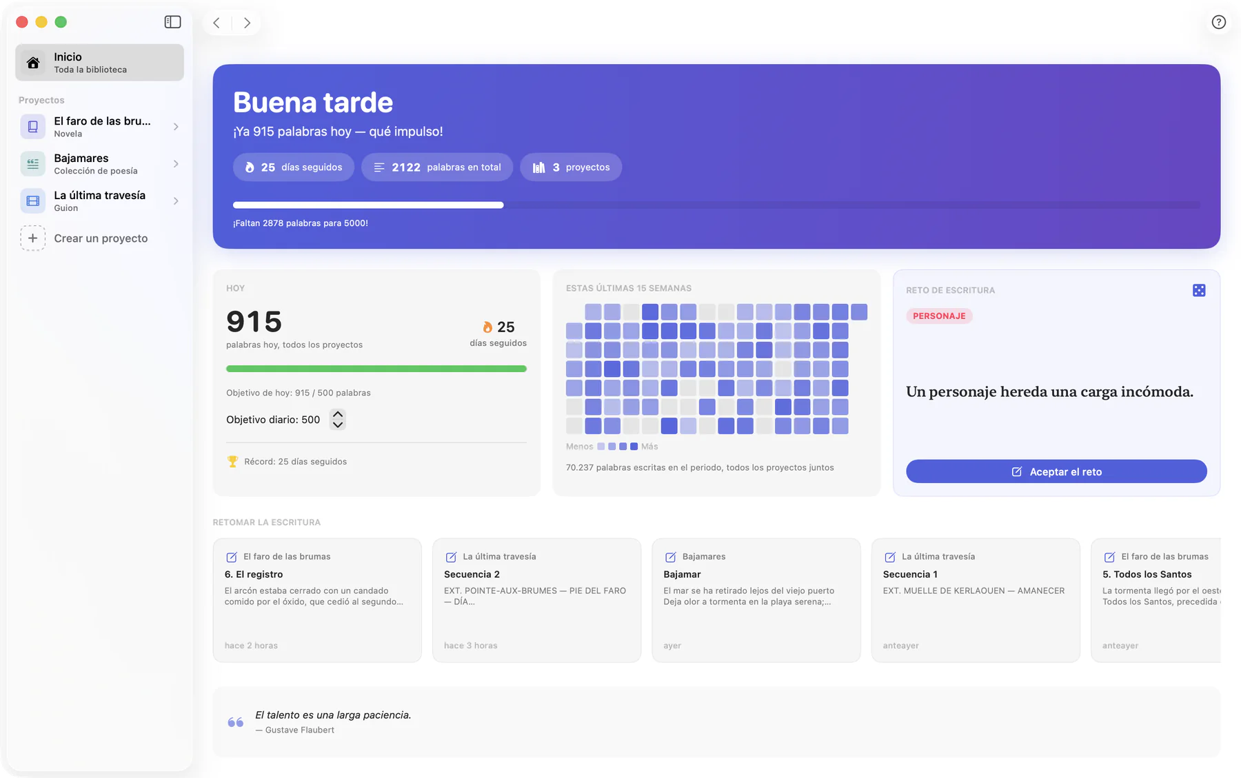 Bokmo en Mac: la pantalla de inicio de la biblioteca, con las palabras escritas hoy, la racha de escritura, el objetivo diario, el calendario de actividad de quince semanas y las últimas hojas para retomar.