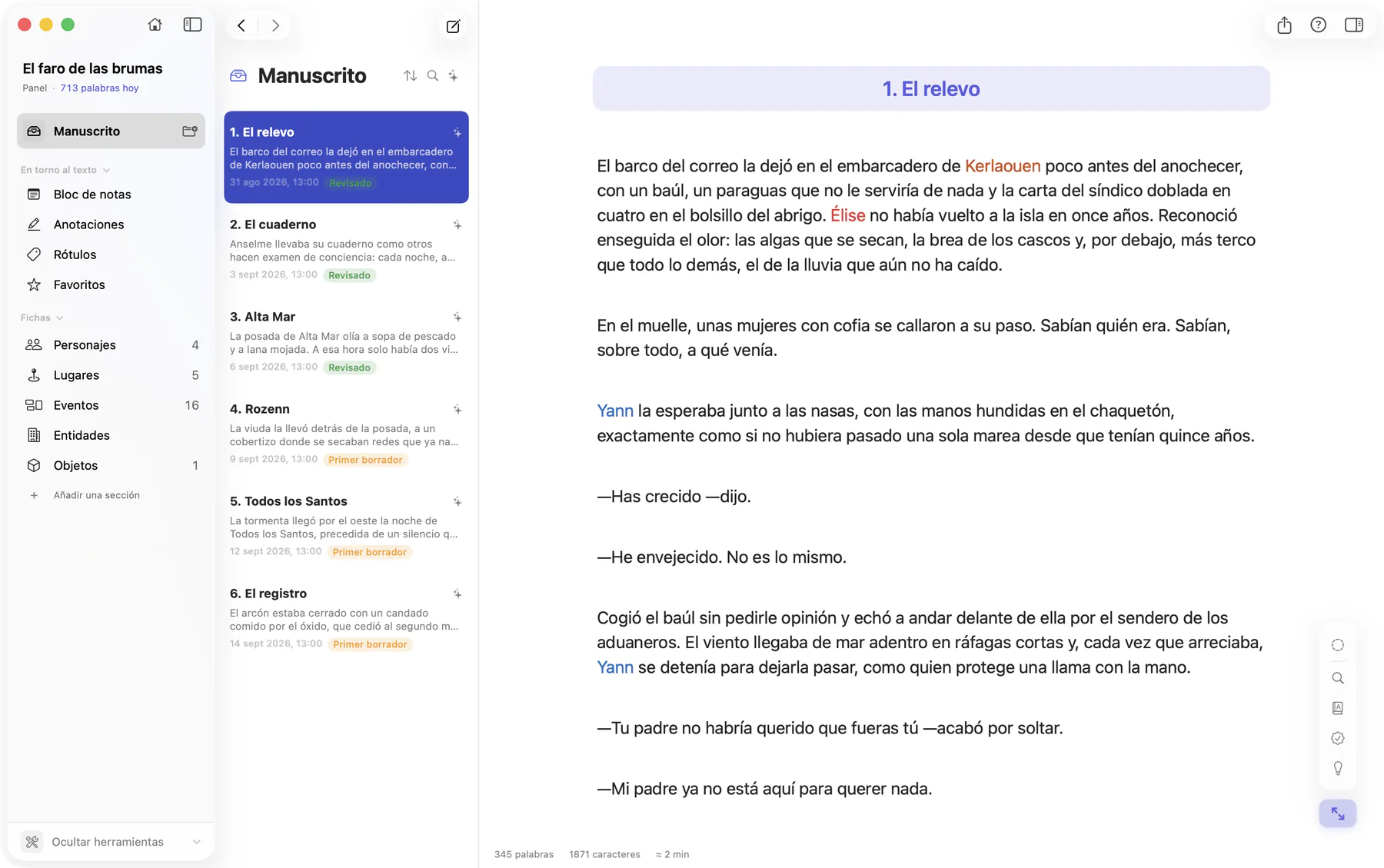 Bokmo en Mac: la novela El faro de las brumas, con sus secciones, la lista de capítulos y el capítulo 1 abierto, donde los nombres de personajes y lugares aparecen en color.