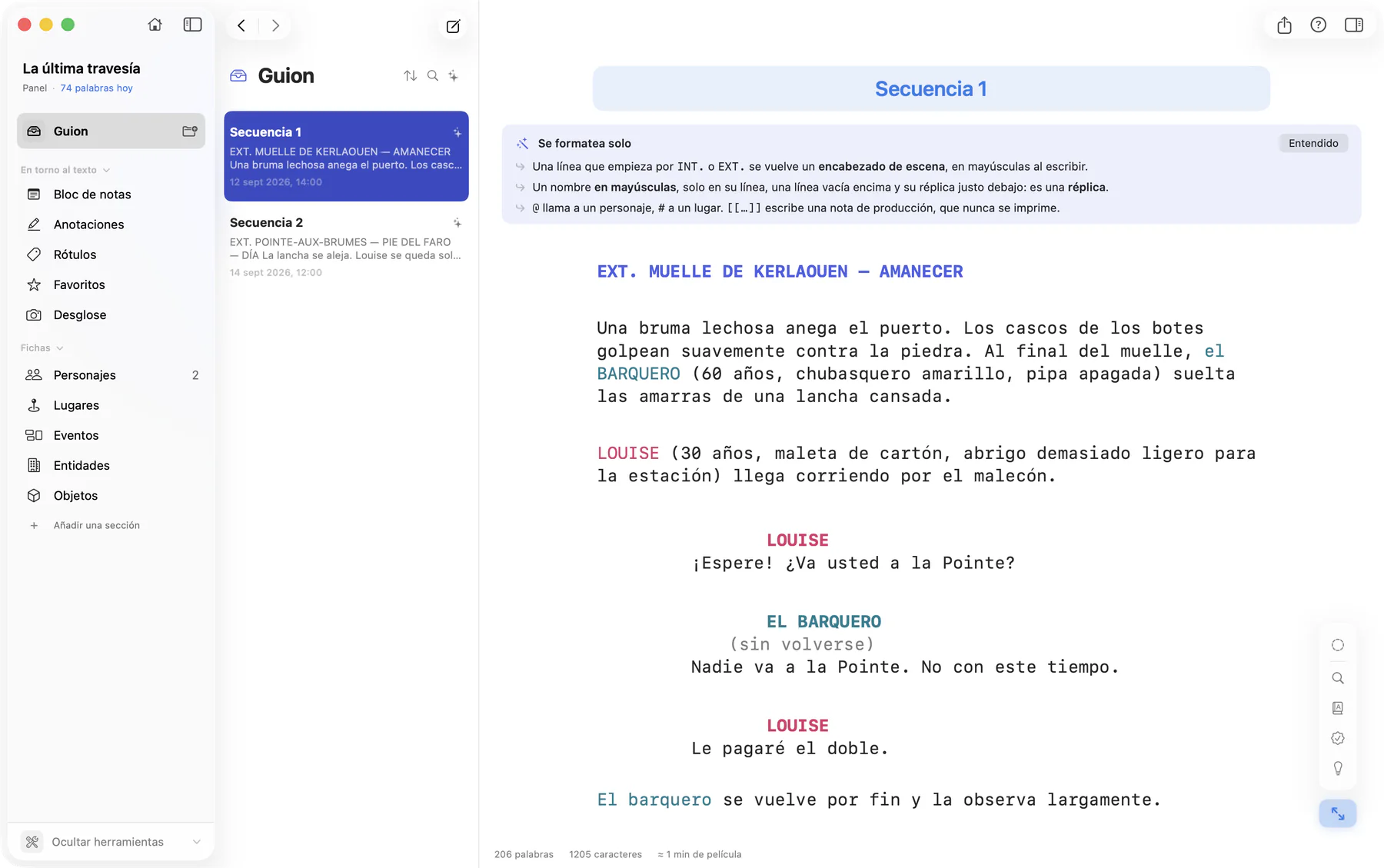 Bokmo en Mac: una secuencia de guion con maquetación estándar, con encabezados de escena, personajes y diálogos, bajo la ayuda que explica cómo se maqueta sola.
