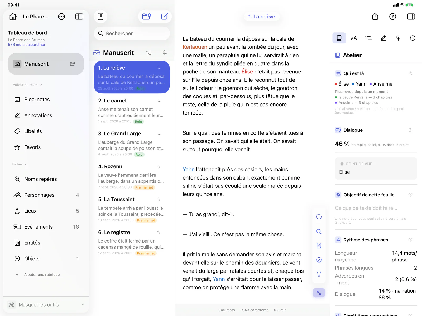 Bokmo sur iPad : un chapitre du roman ouvert à côté de l’Atelier, qui montre les personnages présents dans la feuille, la part du dialogue et le rythme des phrases.