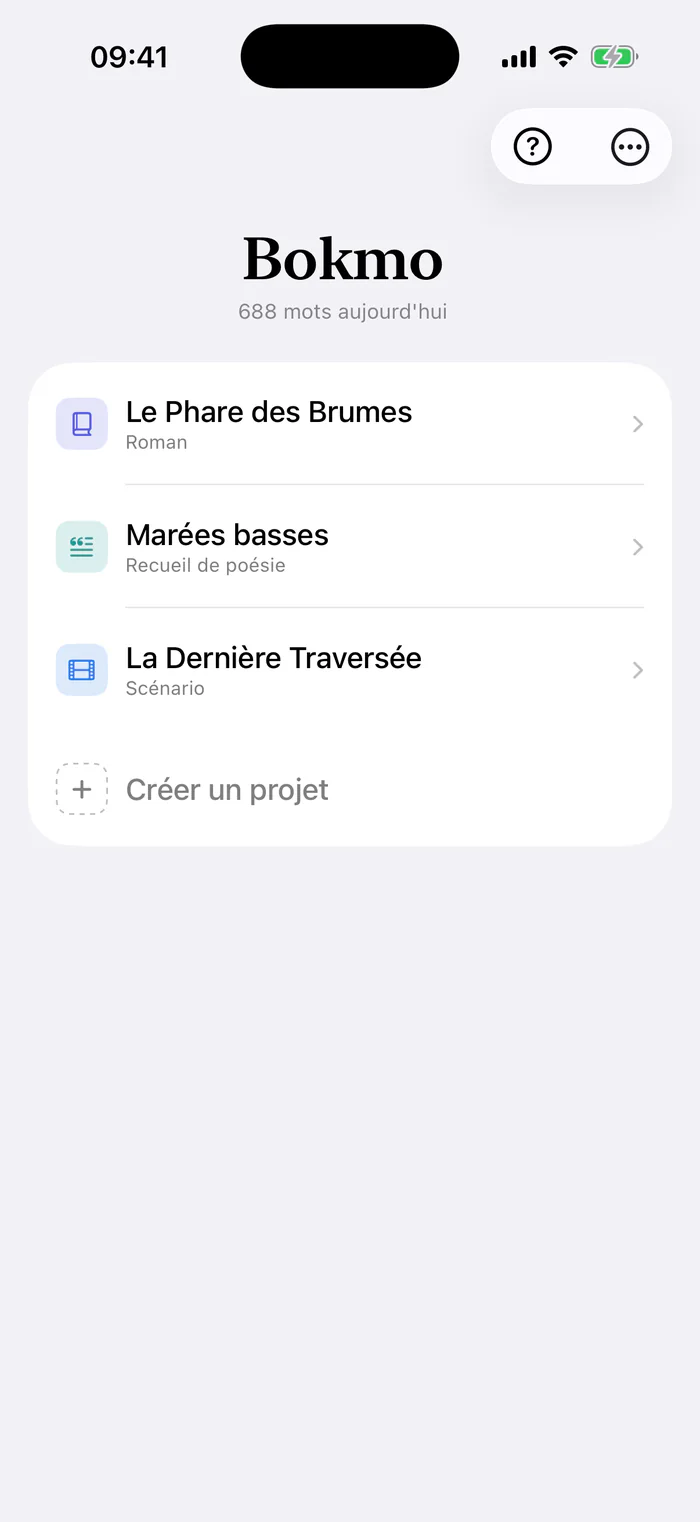 Bokmo sur iPhone : la liste des projets, un roman, un recueil de poésie et un scénario.