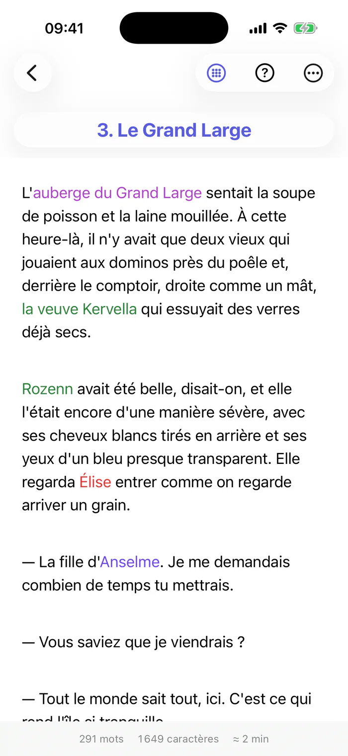 Bokmo sur iPhone : le chapitre 3, Le Grand Large, ouvert dans l’éditeur.