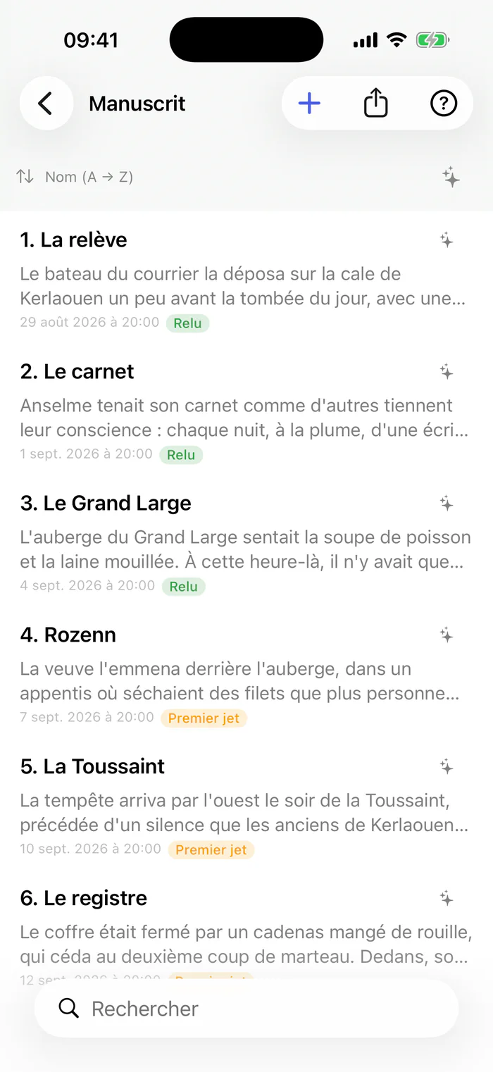 Bokmo sur iPhone : les chapitres du manuscrit, chacun avec le début de son texte, sa date et son libellé.