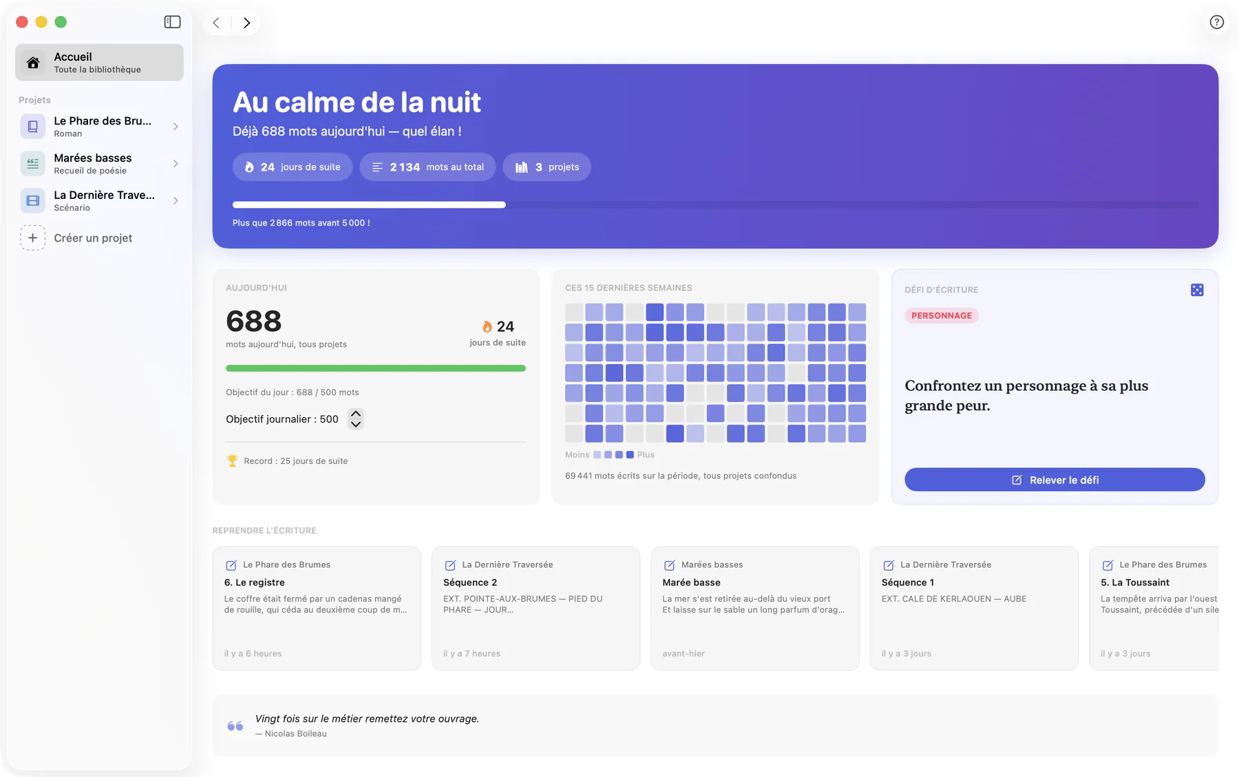 Bokmo sur Mac : l’accueil de la bibliothèque, avec les mots écrits aujourd’hui, la série de jours d’écriture, l’objectif journalier, le calendrier d’activité sur quinze semaines et les dernières feuilles à reprendre.