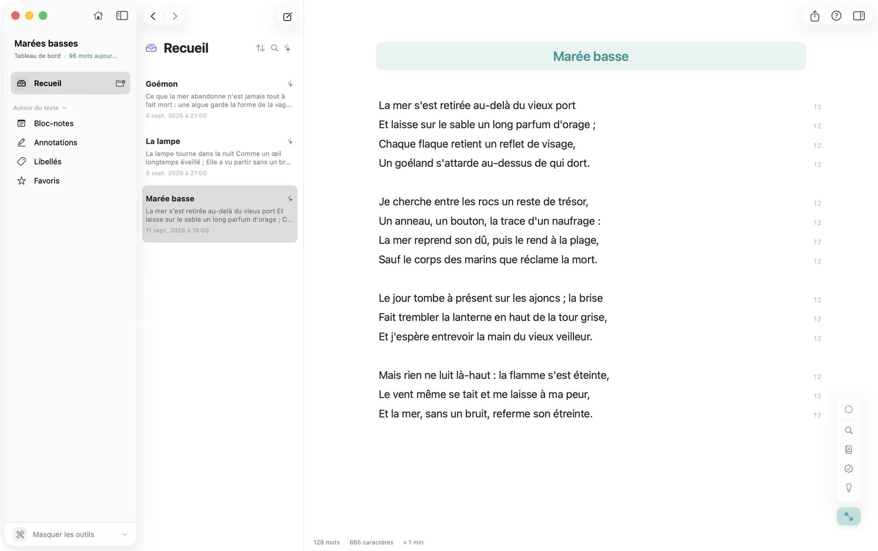 Bokmo sur Mac : un sonnet en alexandrins dans l’éditeur, le nombre de syllabes de chaque vers affiché dans la marge.
