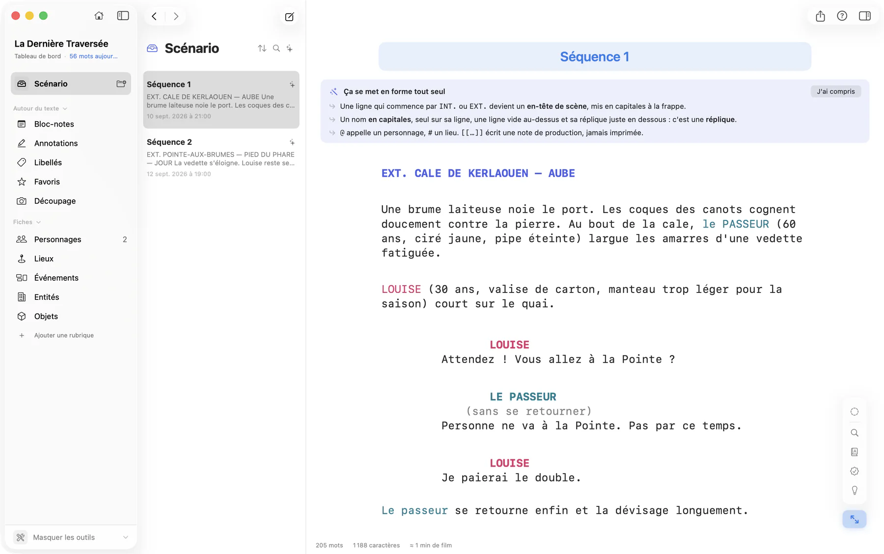 Bokmo sur Mac : une séquence de scénario mise en page au format, en-têtes de scène, personnages et dialogues, sous l’aide qui rappelle comment ça se met en forme tout seul.
