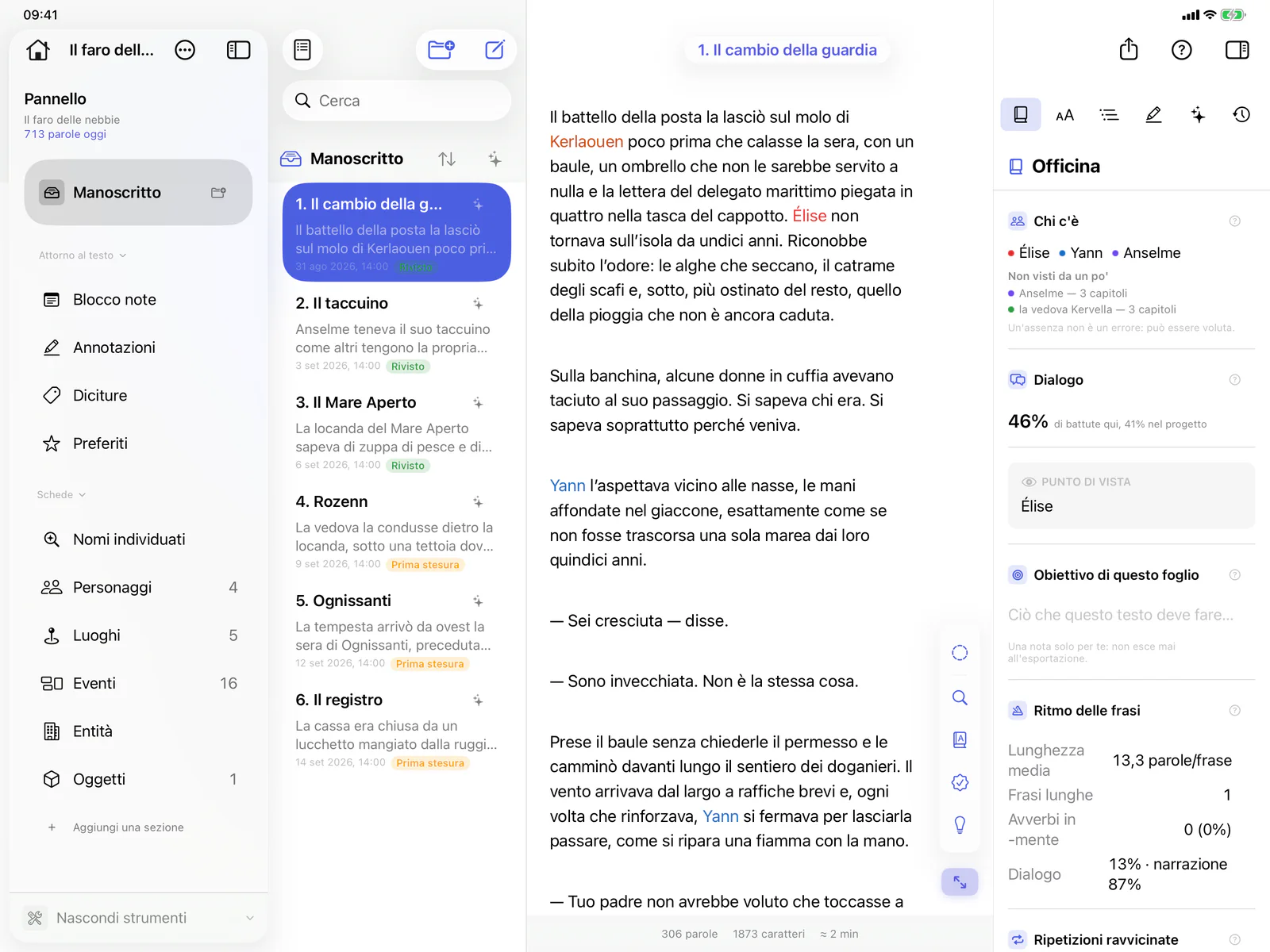 Bokmo su iPad: un capitolo del romanzo aperto accanto all’Officina, che mostra i personaggi presenti nel foglio, la quota di dialogo e il ritmo delle frasi.