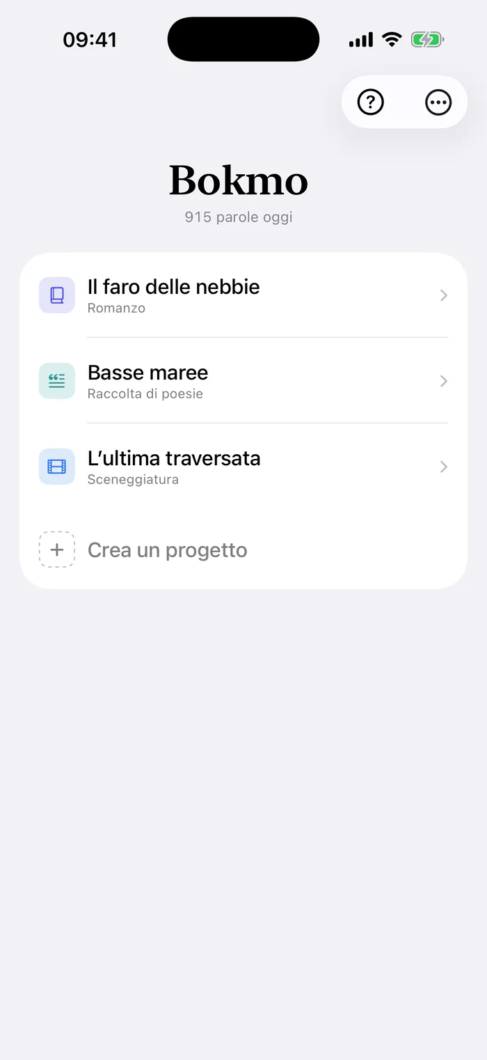 Bokmo su iPhone: l’elenco dei progetti, un romanzo, una raccolta di poesie e una sceneggiatura.