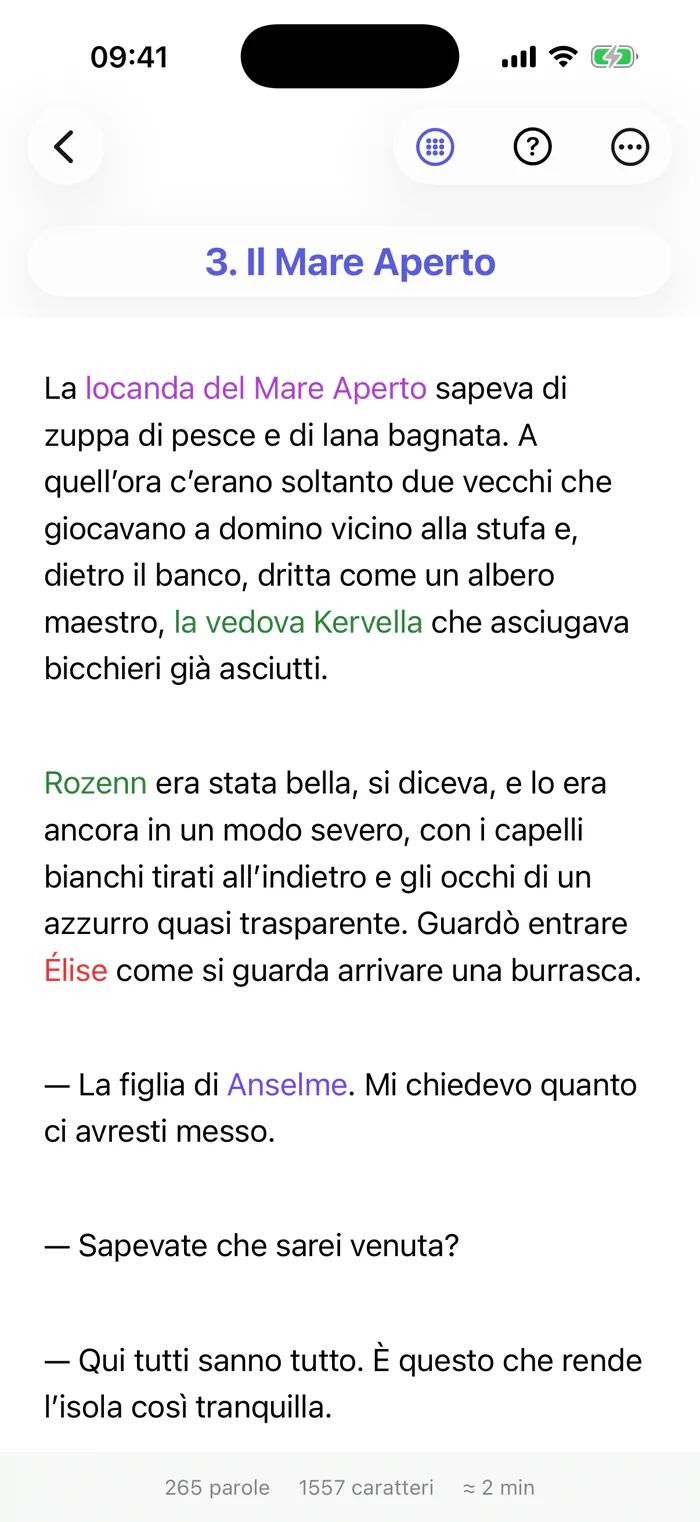 Bokmo su iPhone: il capitolo 3, Il Mare Aperto, aperto nell’editor.