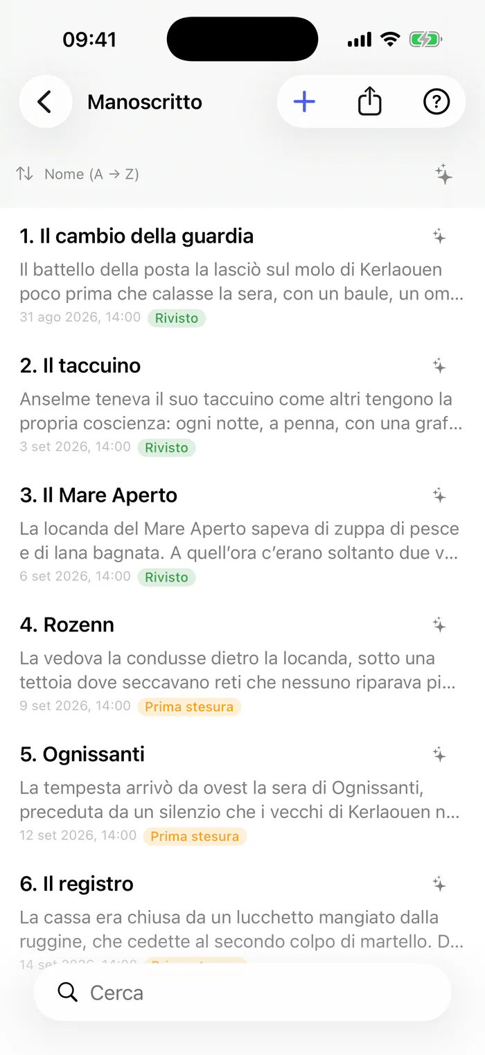 Bokmo su iPhone: i capitoli del manoscritto, ognuno con l’inizio del testo, la data e la dicitura.