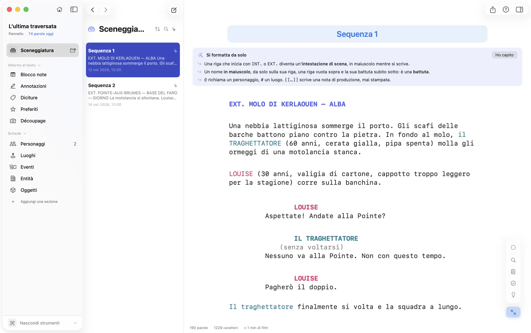 Bokmo su Mac: una sequenza di sceneggiatura impaginata secondo lo standard, con intestazioni di scena, personaggi e dialoghi, sotto l’aiuto che spiega come si formatta da sola.
